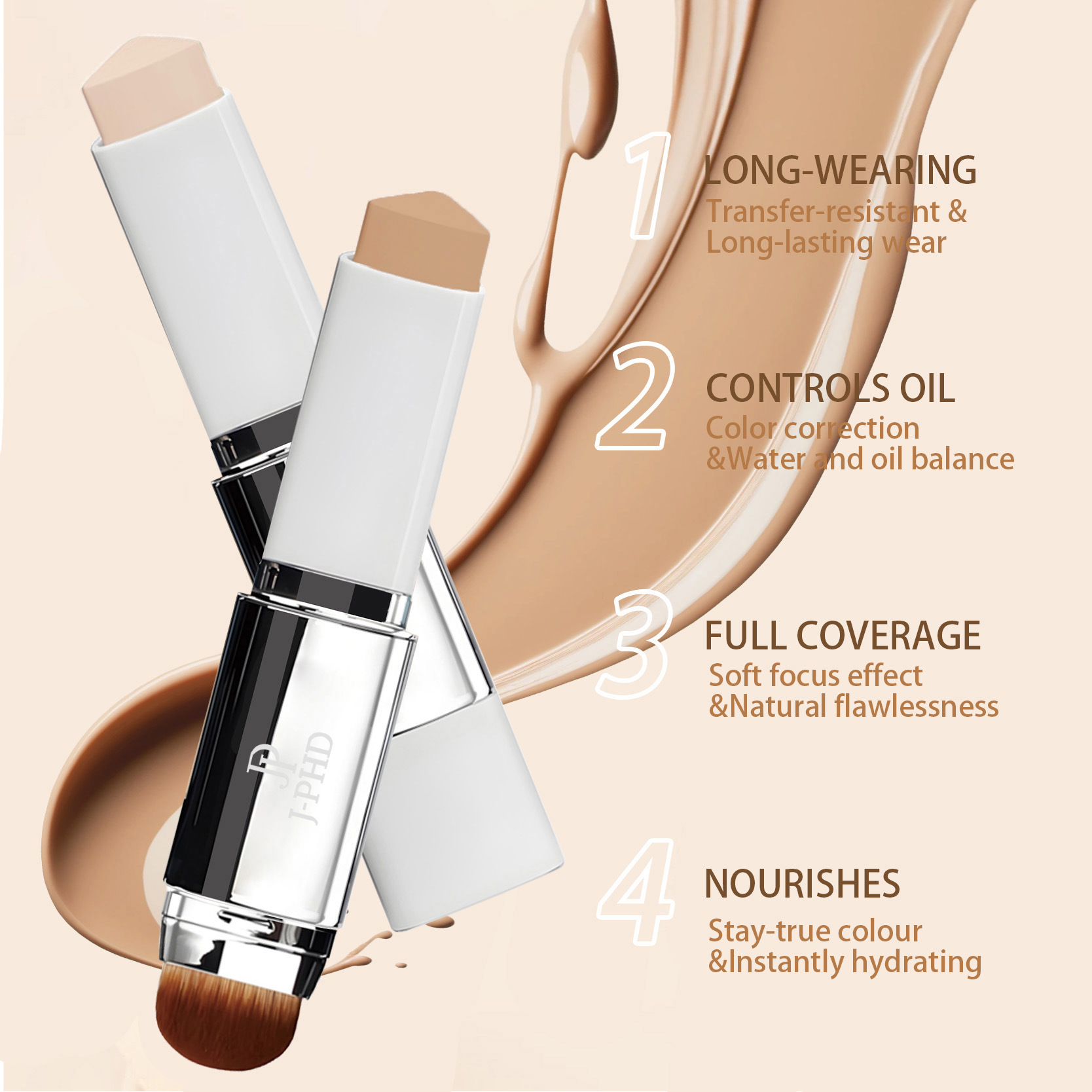 J Beauty Makeup - แปรงรองพื้นแบบสองหัวในหนึ่งเดียว น้ำหนักเบาและเรียบเนียน ปกปิดยาวนาน สร้างเอฟเฟกต์การแต่งหน้าที่สมบูรณ์แบบ