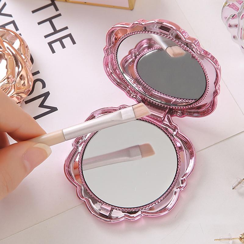Beauty Rose Makeup - กระจกพกพาแบบพับได้ลายดอกกุหลาบย้อนยุค 1 ชิ้น กระจกแต่งหน้าขนาดเล็กพกพาสะดวก กระจกสองด้าน กระจกมือถือขนาดกะทัดรัด