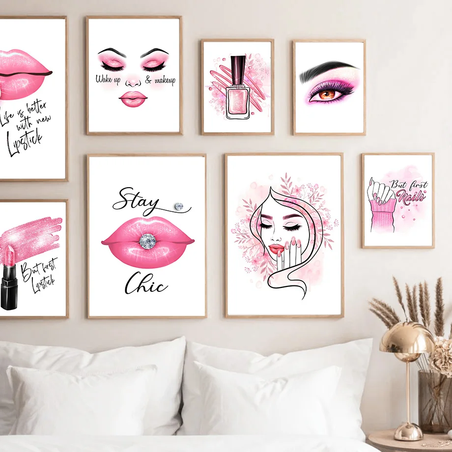 J Beauty Makeup - 1 ชิ้น--ภาพวาดบนผ้าใบเกี่ยวกับความงามของแต่งหน้า ยาทาเล็บ ลิปสติก และศิลปะความงาม โปสเตอร์และภาพพิมพ์สไตล์นอร์ดิกสำหรับตกแต่งผนังร้านเสริมสวย