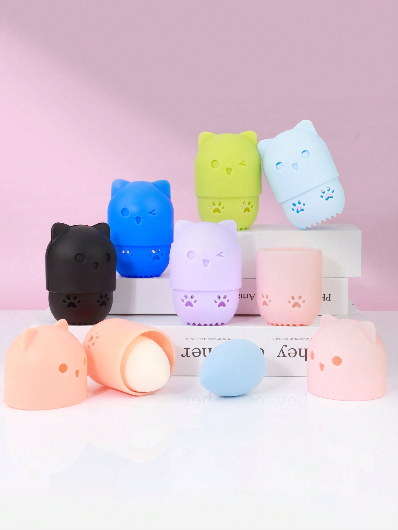 Beauty Makeup Blender - ที่เก็บฟองน้ำแต่งหน้าซิลิโคนรูปแมวน่ารัก ระบายอากาศได้ดี ป้องกันฝุ่น กล่องเก็บบิวตี้เบลนเดอร์แบบพกพา ภาชนะใส่พัฟแต่งหน้า