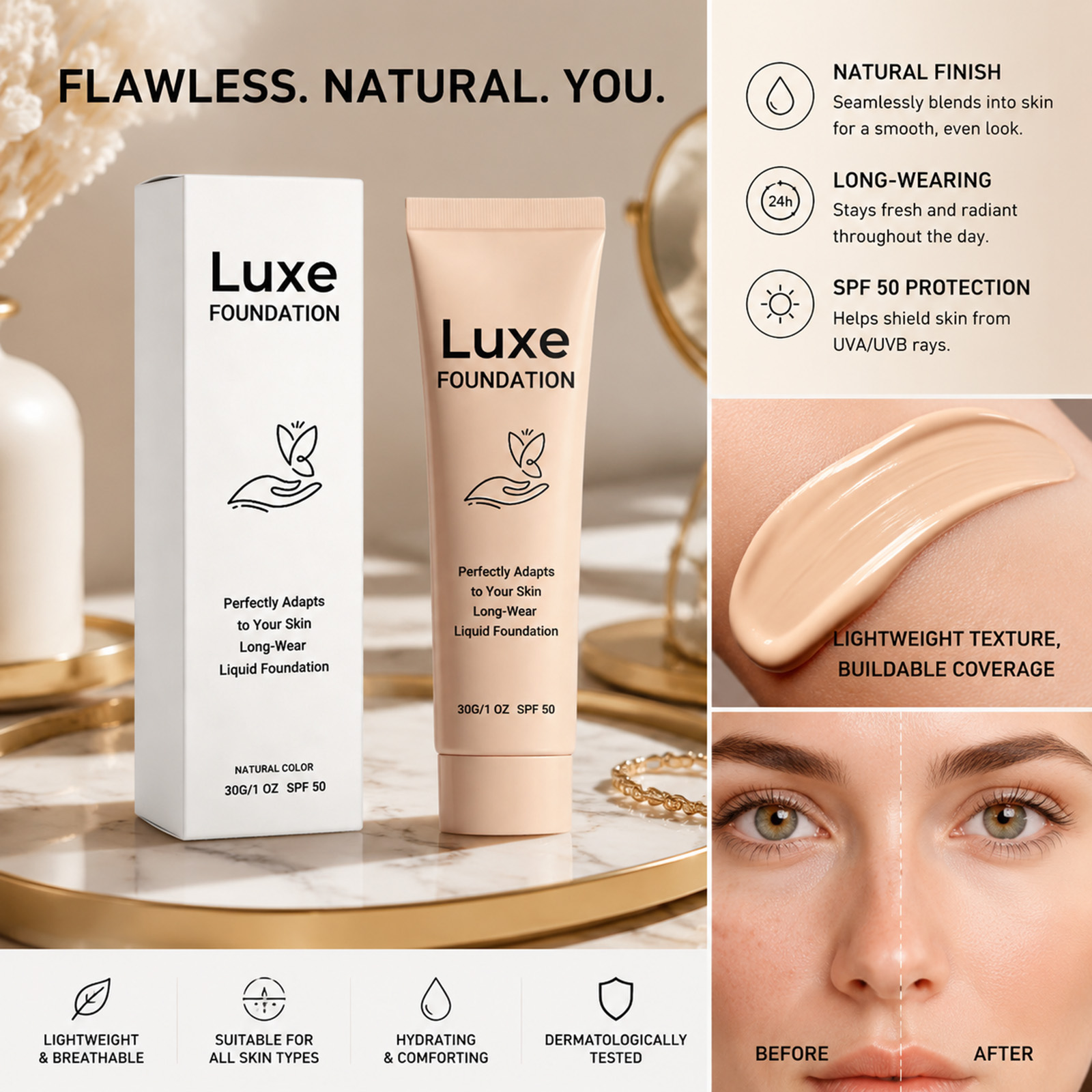 รองพื้นเปลี่ยนสี SPF 50+ ติดทน - Beauty Makeup Cream บทวิจารณ์และราคา